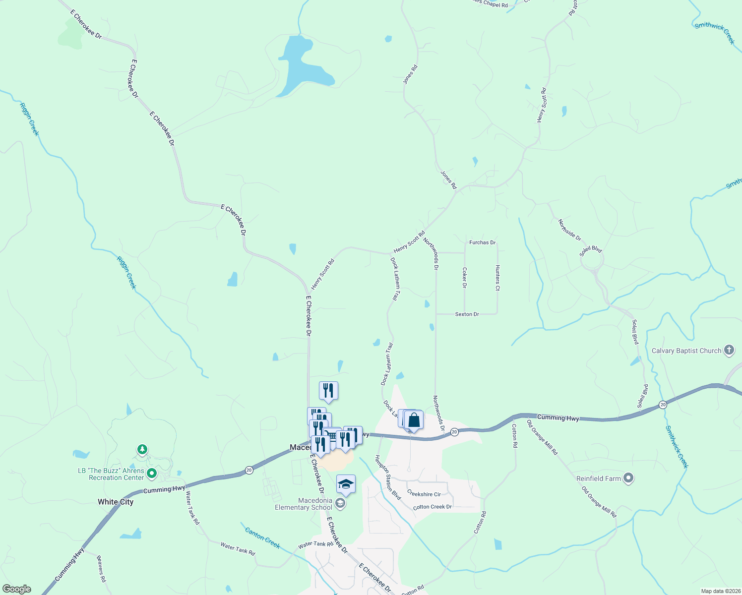 map of restaurants, bars, coffee shops, grocery stores, and more near 464 Dock Lathem Trail in Ball Ground