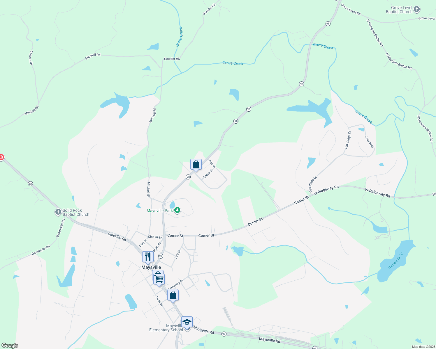 map of restaurants, bars, coffee shops, grocery stores, and more near 201 Oak Drive in Maysville