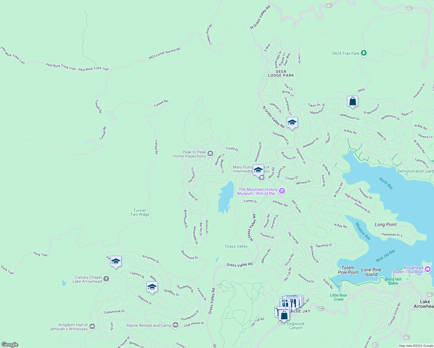 map of restaurants, bars, coffee shops, grocery stores, and more near 26715 Merced Lane in Lake Arrowhead