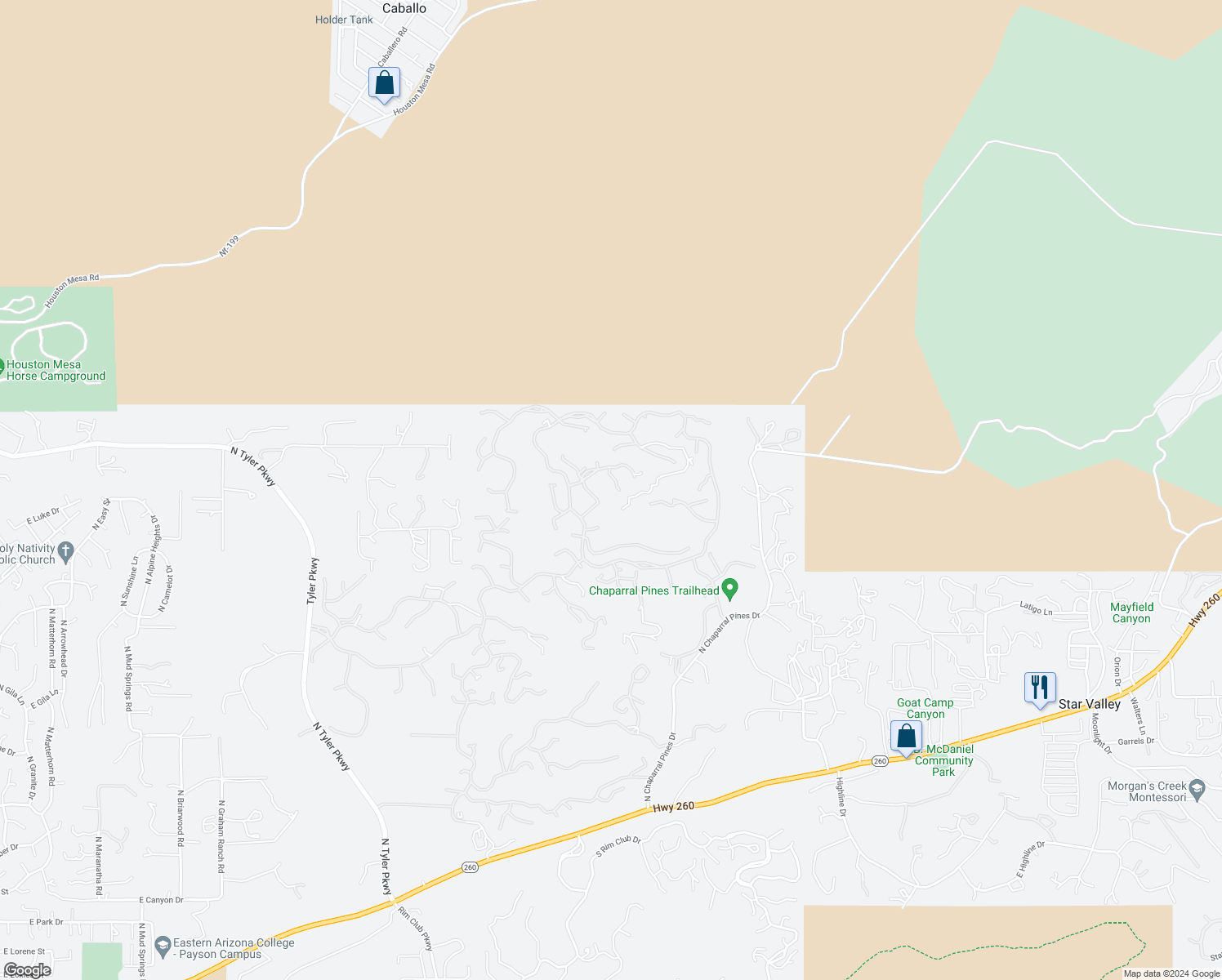 map of restaurants, bars, coffee shops, grocery stores, and more near 2505 East Golden Aster Circle in Payson