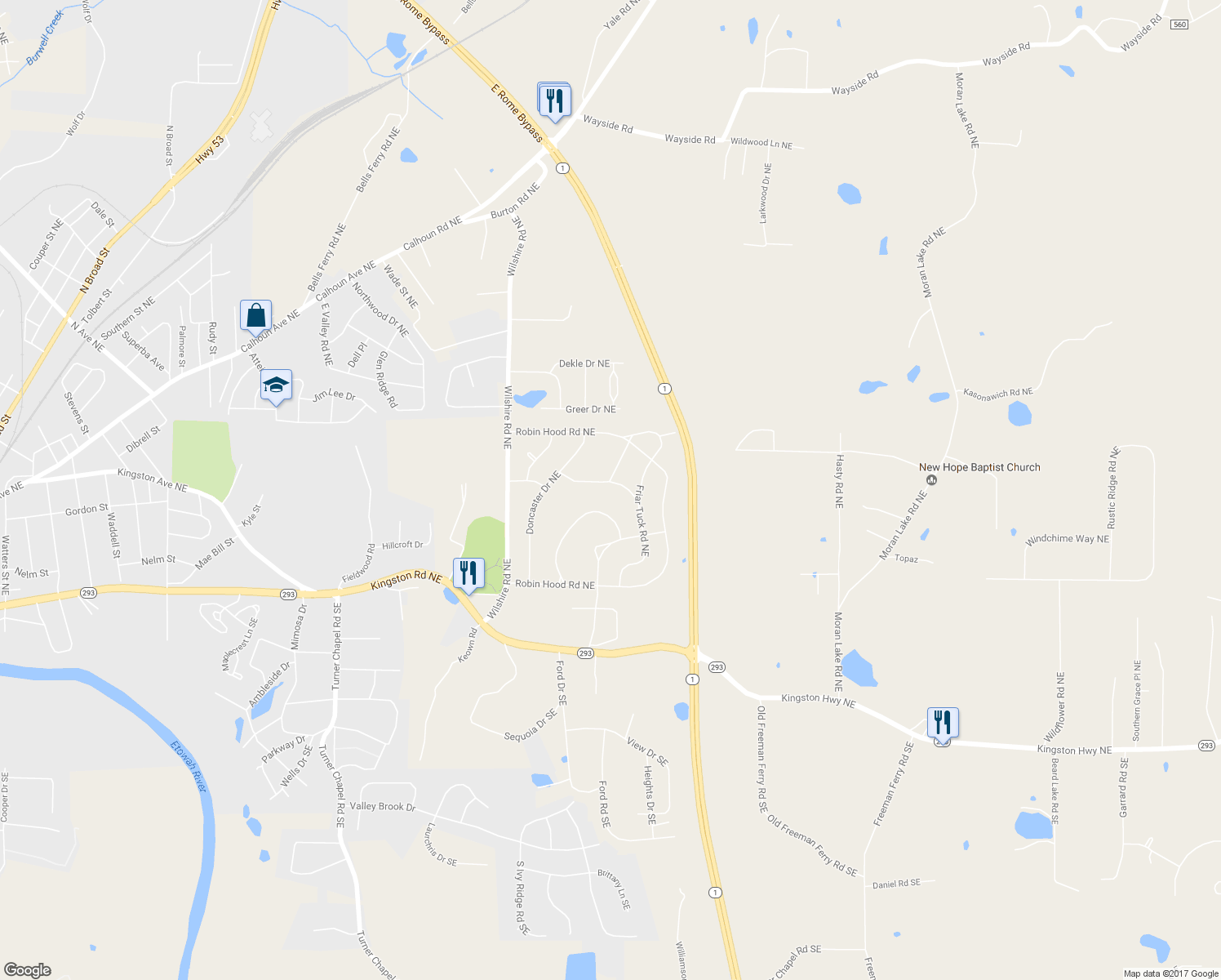map of restaurants, bars, coffee shops, grocery stores, and more near 16 Barnesdale Way Northeast in Rome