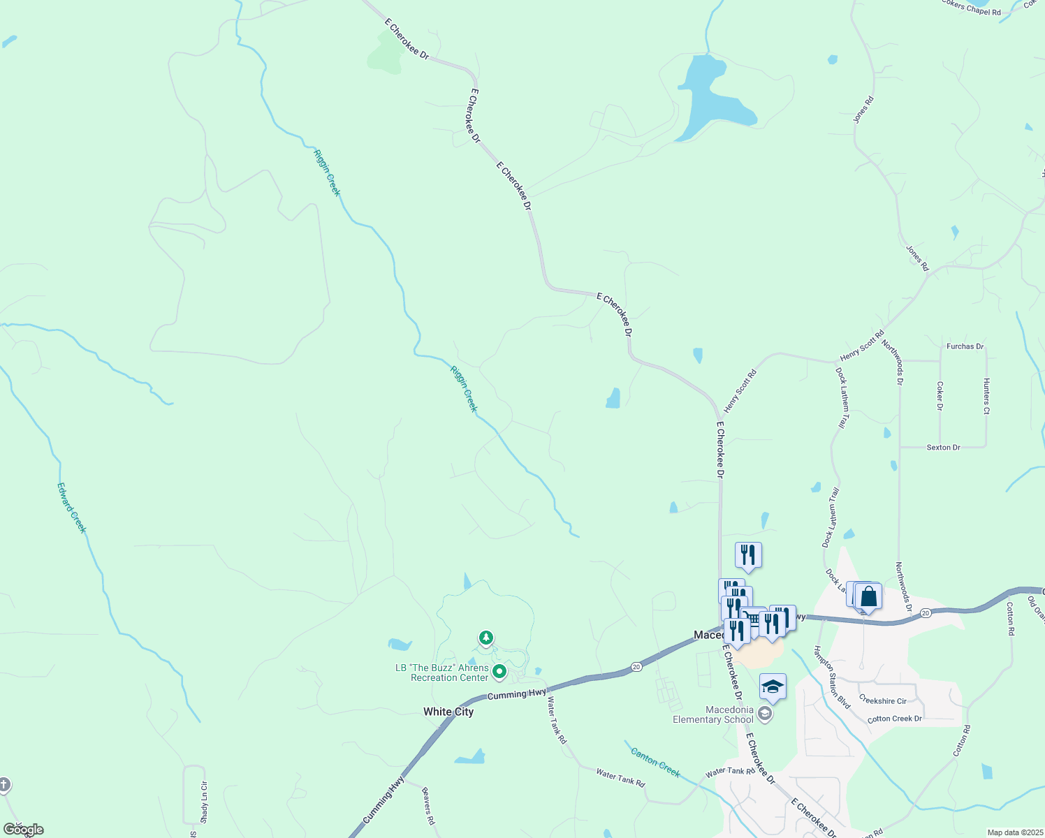 map of restaurants, bars, coffee shops, grocery stores, and more near 201 Saddlehorn Trail in Ball Ground