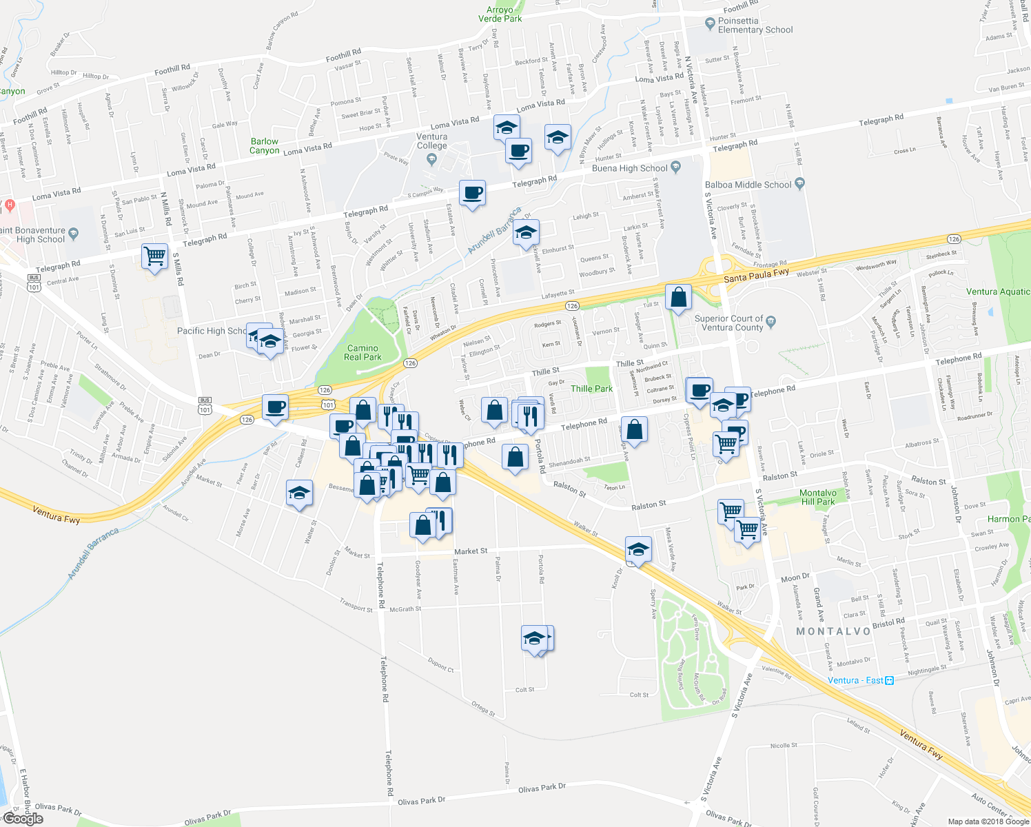 map of restaurants, bars, coffee shops, grocery stores, and more near 1029 Gilbert Lane in Ventura