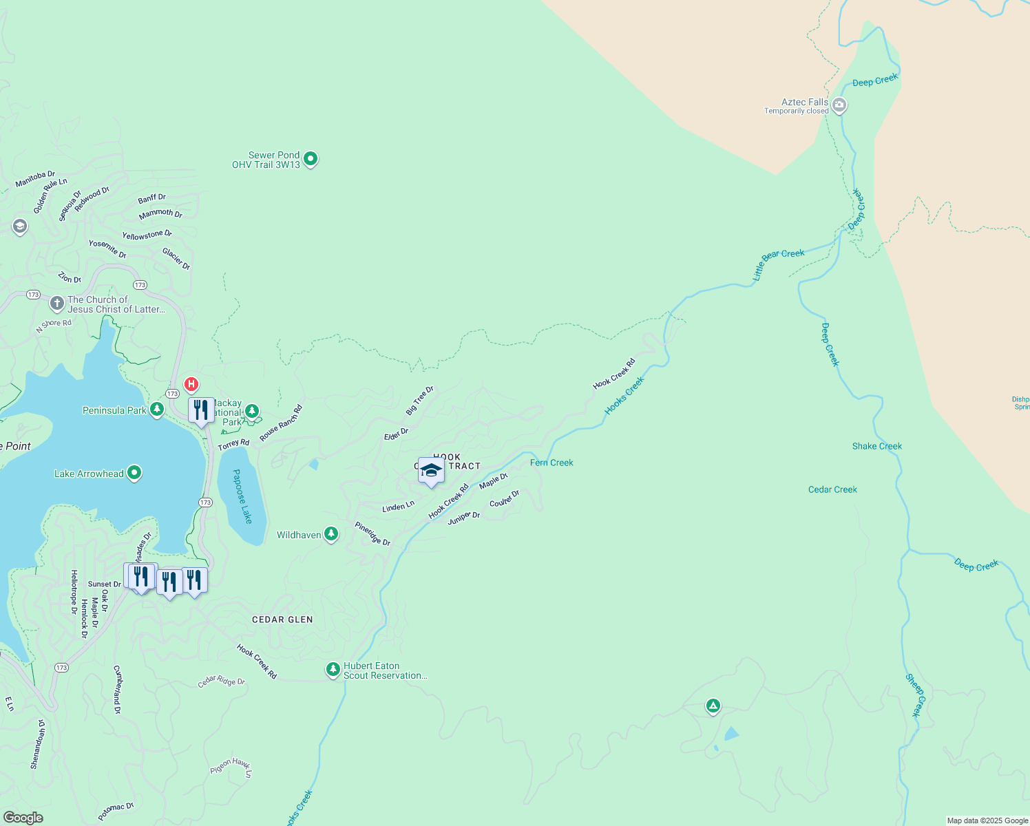 map of restaurants, bars, coffee shops, grocery stores, and more near 30008 Hickory Drive in Lake Arrowhead