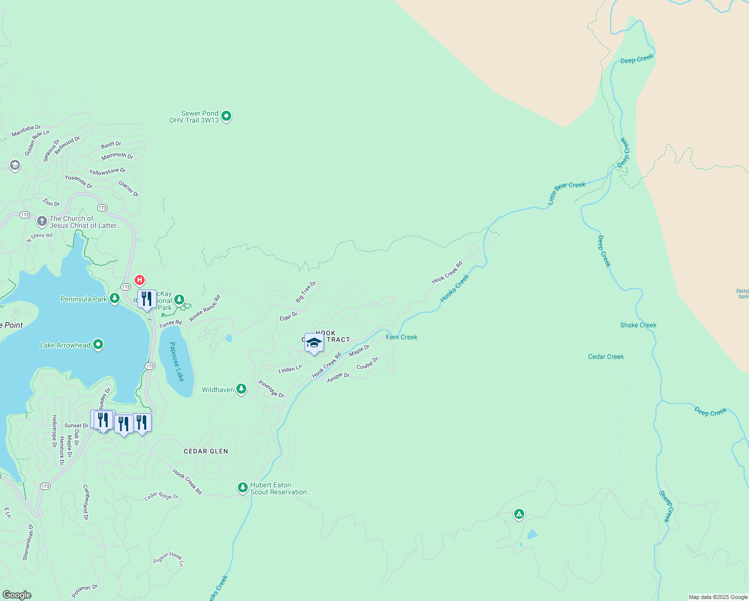 map of restaurants, bars, coffee shops, grocery stores, and more near 30008 Hickory Drive in Lake Arrowhead