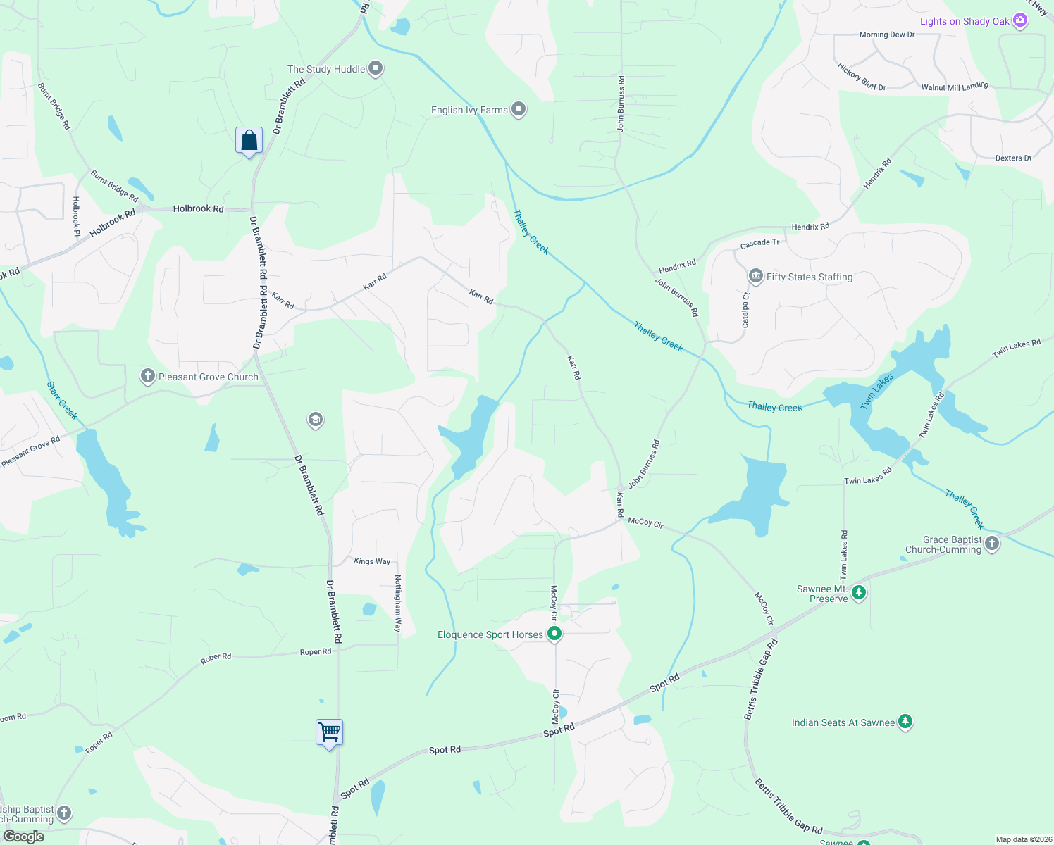 map of restaurants, bars, coffee shops, grocery stores, and more near 5105 Karr Road in Cumming