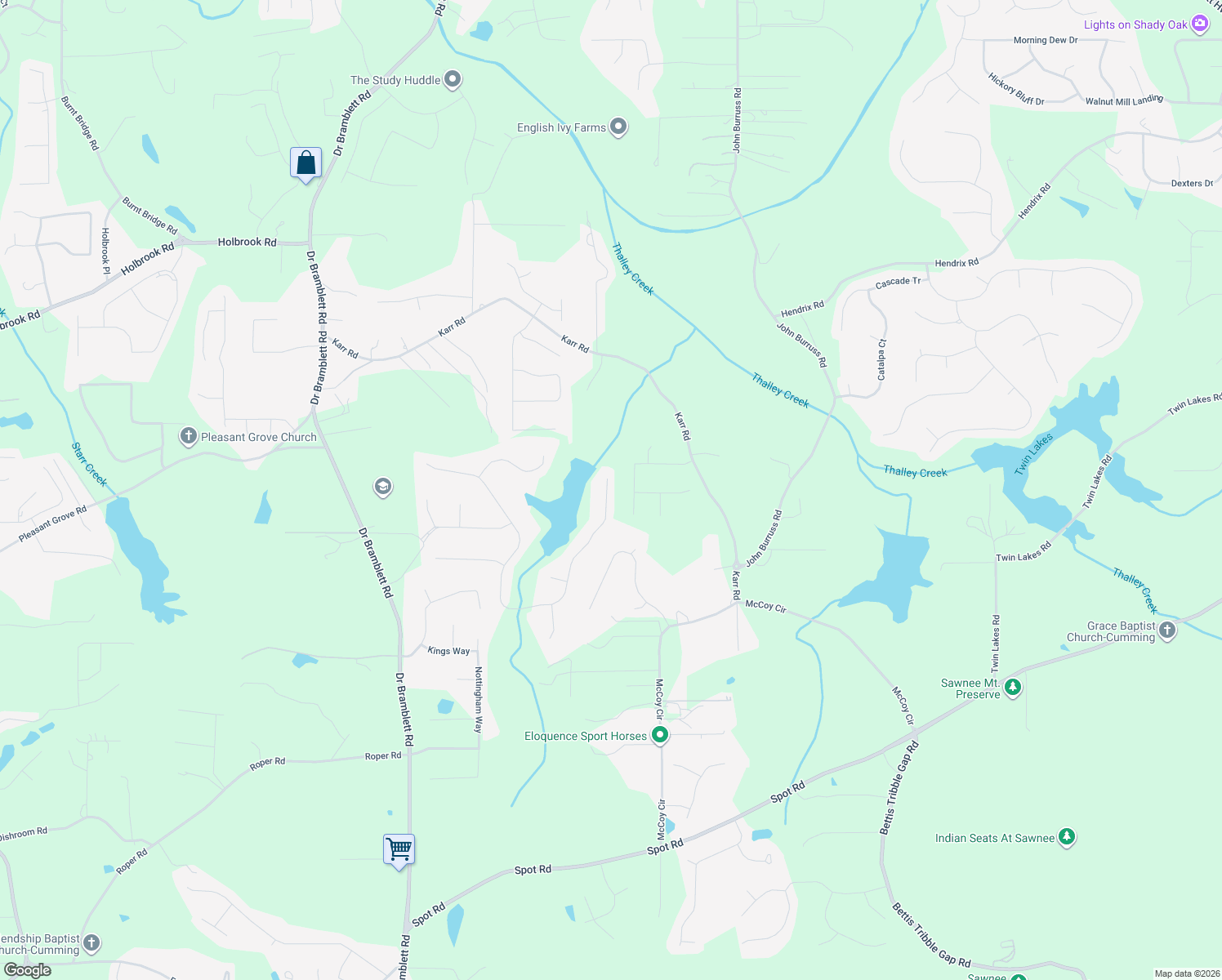 map of restaurants, bars, coffee shops, grocery stores, and more near 5105 Karr Road in Cumming