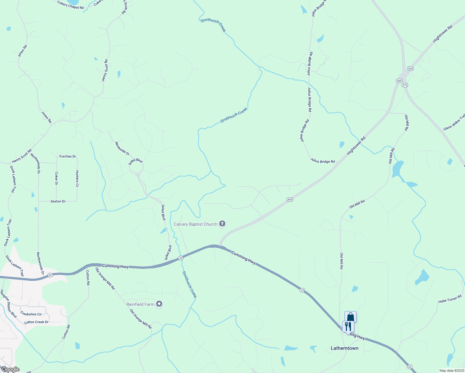 map of restaurants, bars, coffee shops, grocery stores, and more near 227 Amaranth Court in Ball Ground
