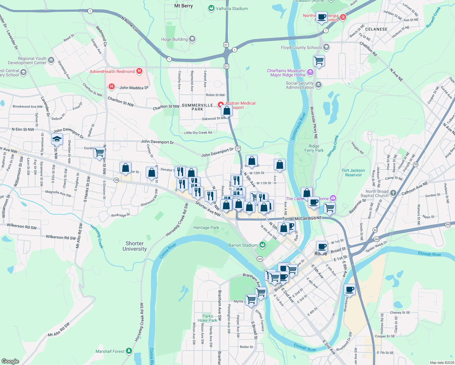 map of restaurants, bars, coffee shops, grocery stores, and more near 304 McDonald Street Northwest in Rome