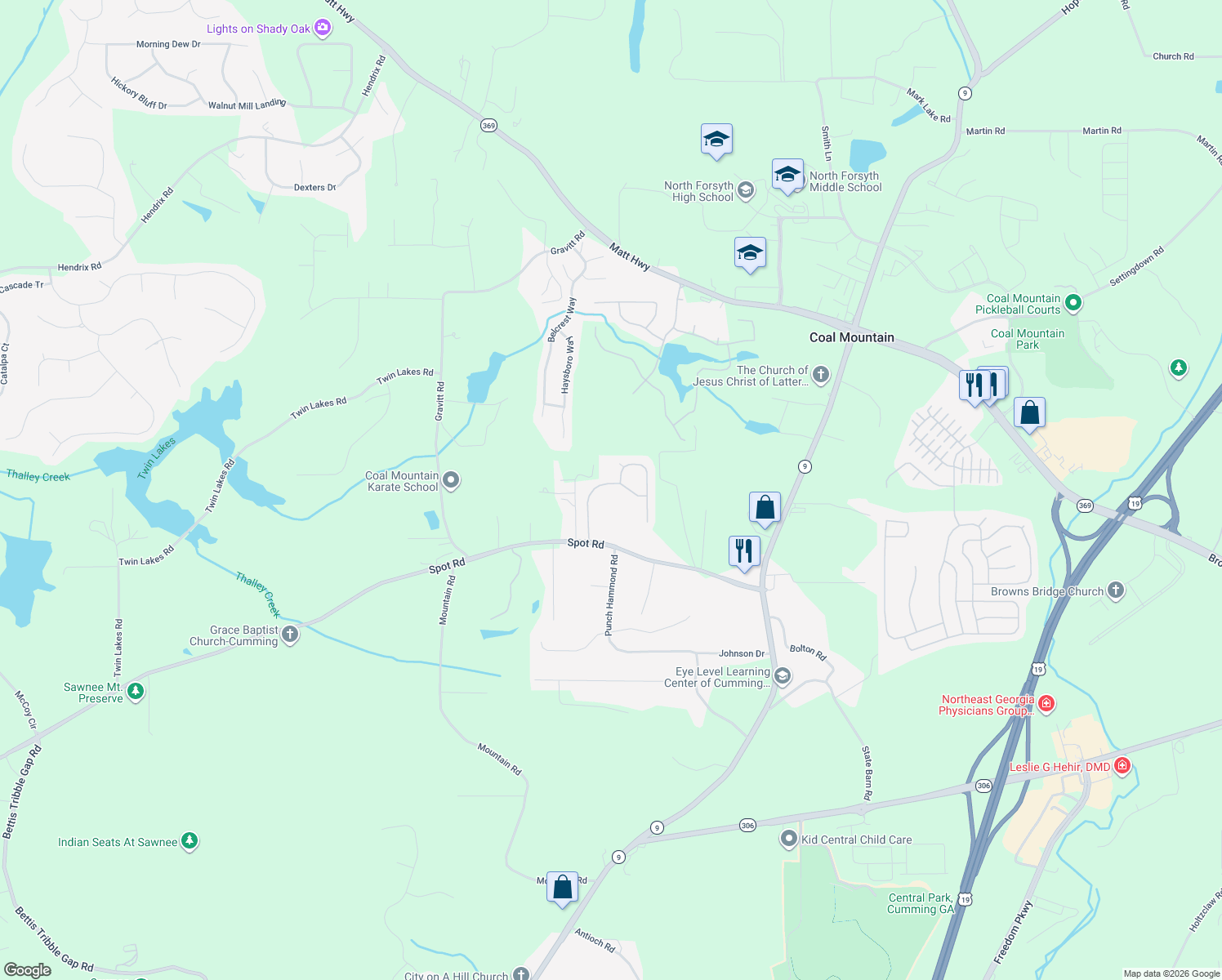 map of restaurants, bars, coffee shops, grocery stores, and more near 3160 Blackburn Dr in Cumming