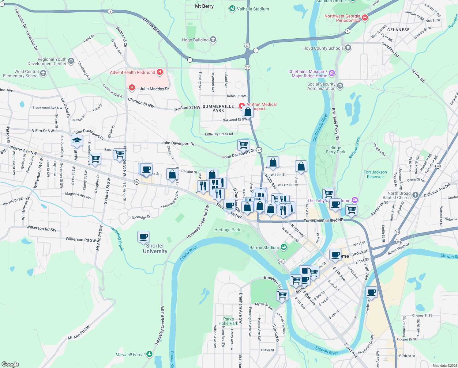 map of restaurants, bars, coffee shops, grocery stores, and more near 1105 North 2nd Avenue Northwest in Rome