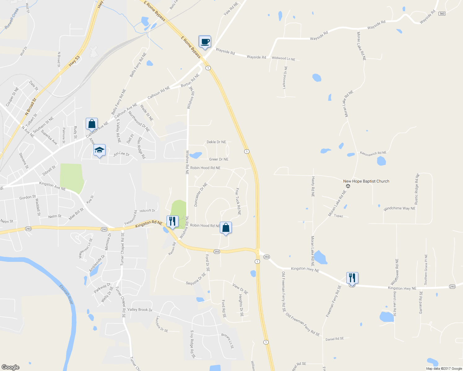 map of restaurants, bars, coffee shops, grocery stores, and more near 111 Friar Tuck Rd NE in Rome