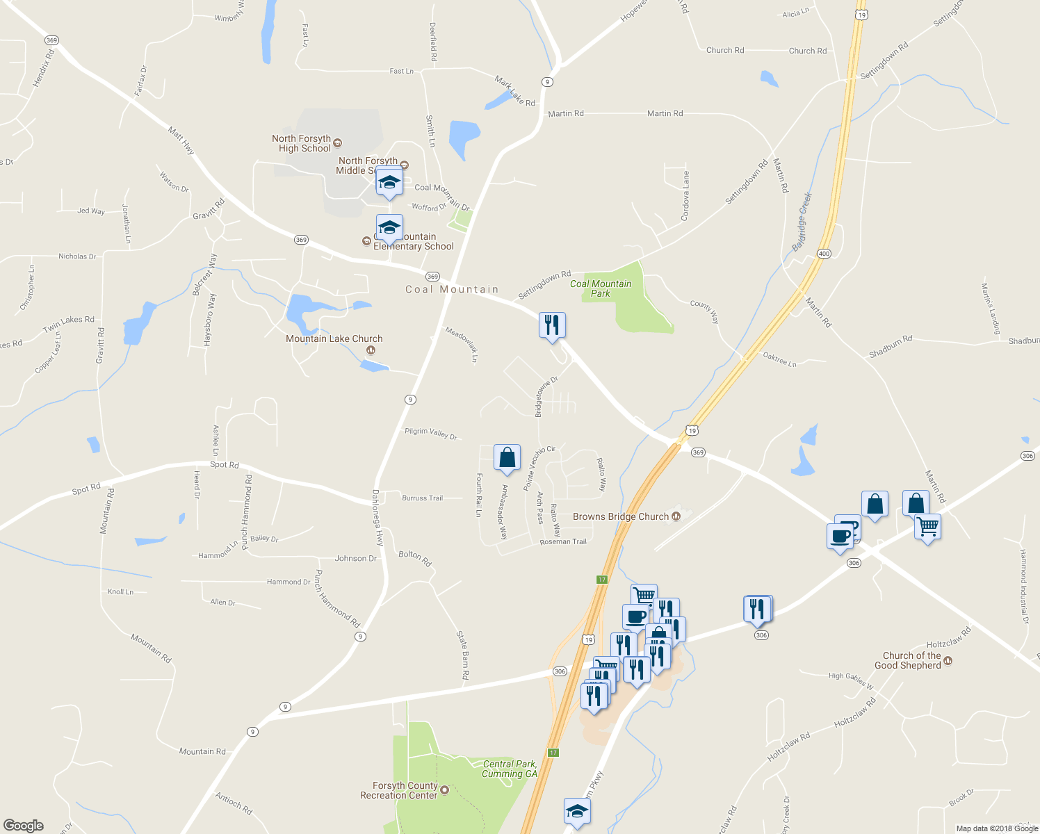 map of restaurants, bars, coffee shops, grocery stores, and more near 3835 New Salem Court in Cumming