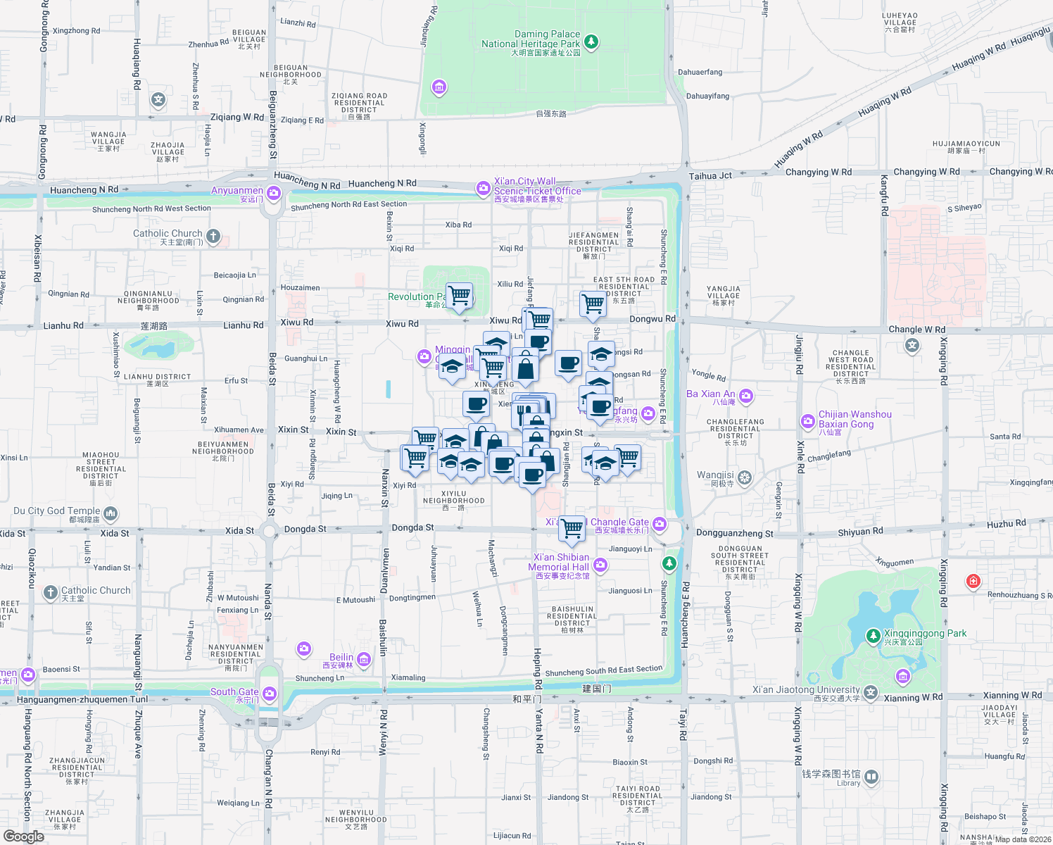 map of restaurants, bars, coffee shops, grocery stores, and more near 186 Jie Fang Lu in Xi An Shi