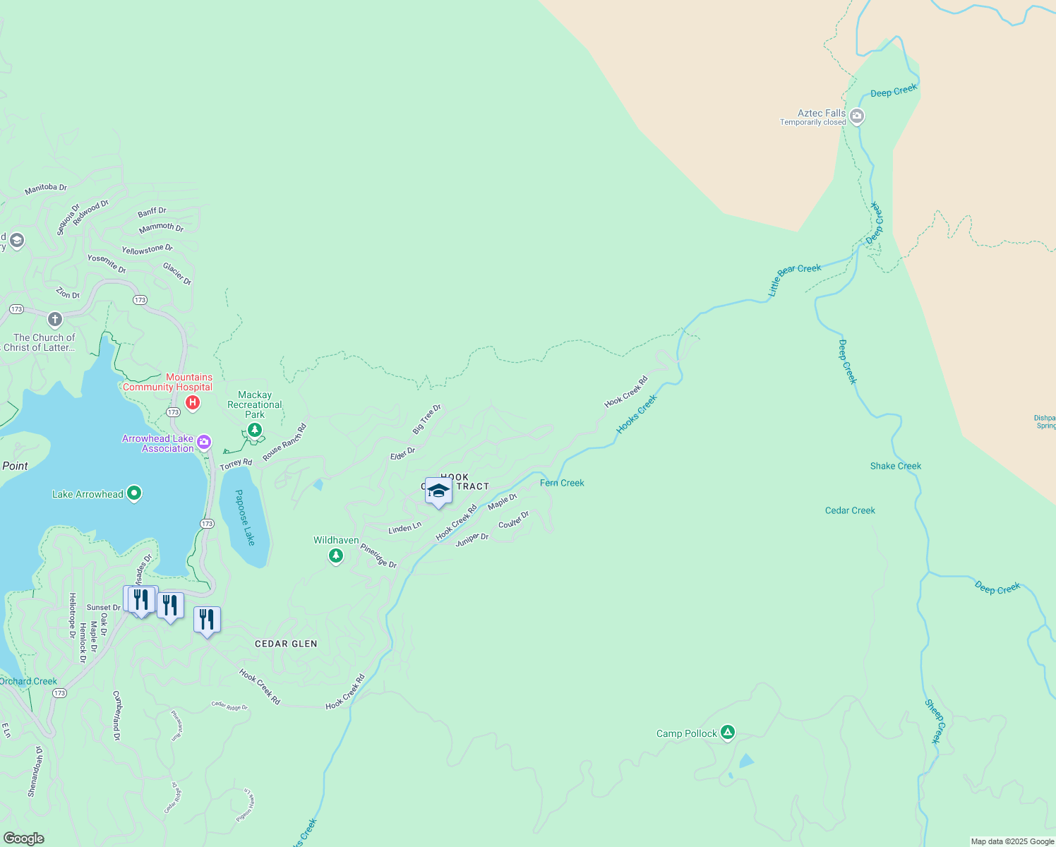 map of restaurants, bars, coffee shops, grocery stores, and more near 30018 Lignum Vitae Drive in Lake Arrowhead