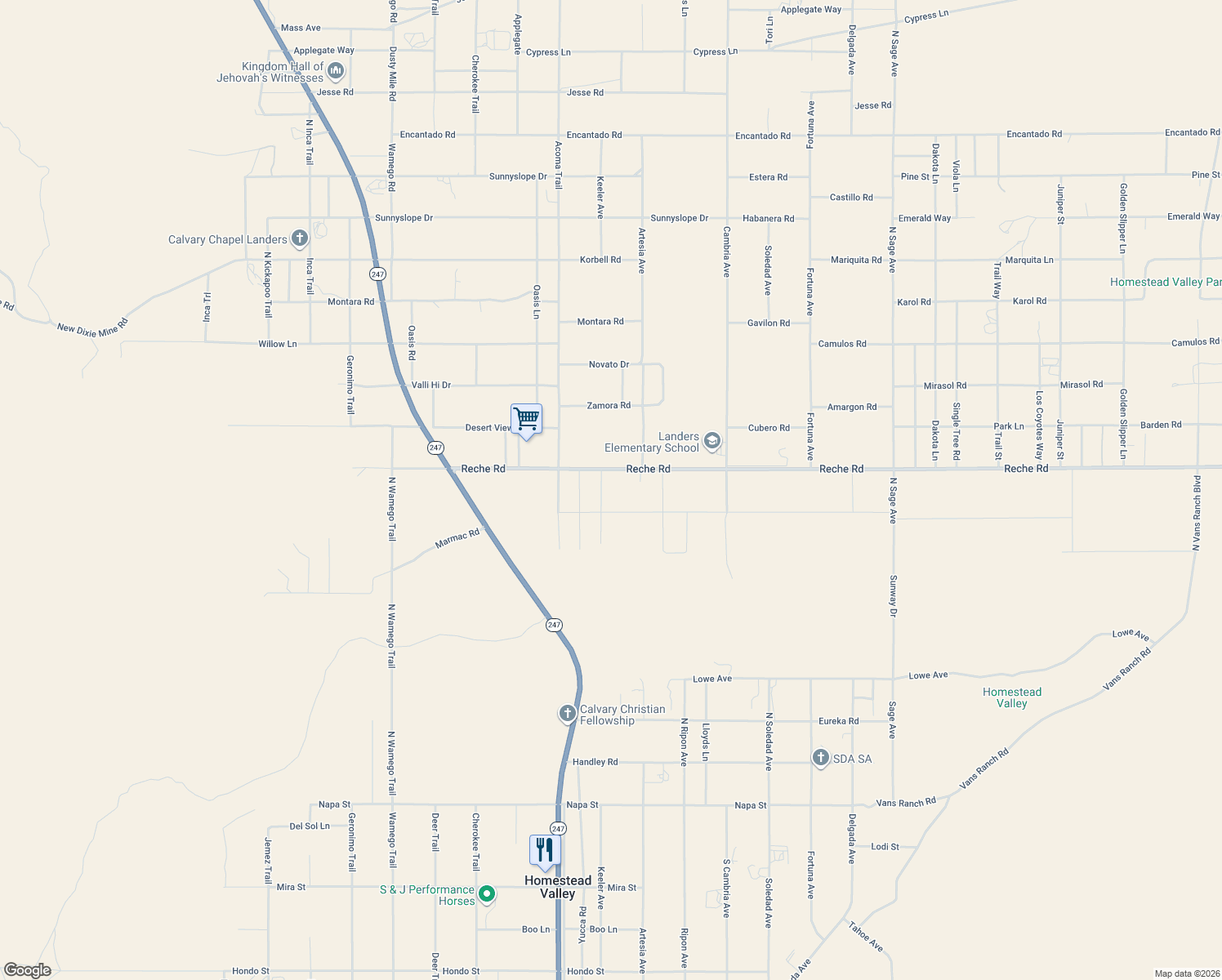 map of restaurants, bars, coffee shops, grocery stores, and more near 56221 Reche Road in Landers