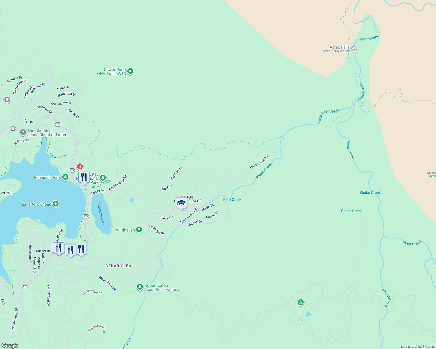map of restaurants, bars, coffee shops, grocery stores, and more near 30018 Lignum Vitae Drive in Lake Arrowhead
