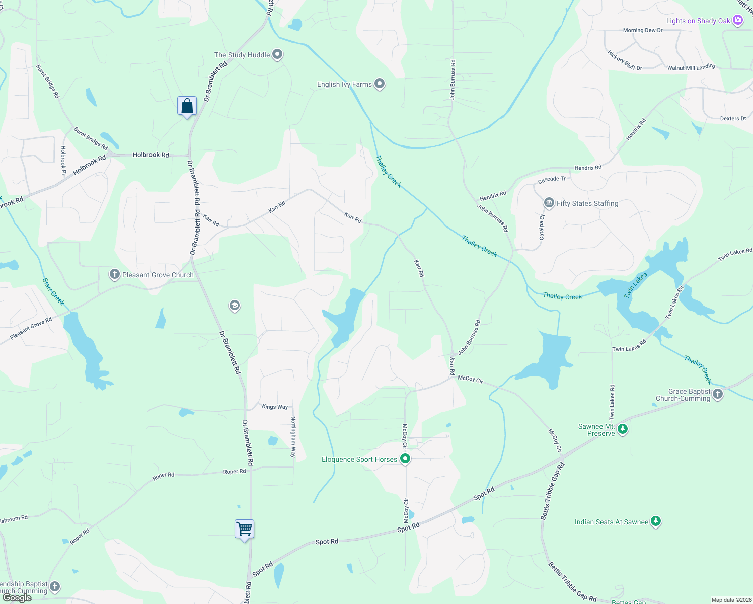 map of restaurants, bars, coffee shops, grocery stores, and more near 5105 Karr Road in Cumming