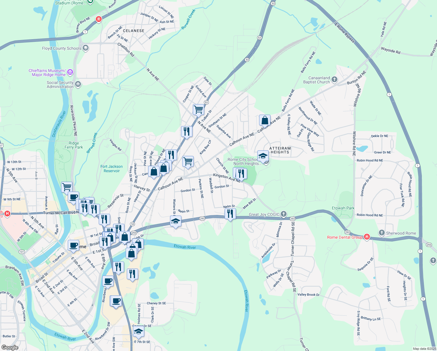 map of restaurants, bars, coffee shops, grocery stores, and more near 410 Kingston Avenue Northeast in Rome