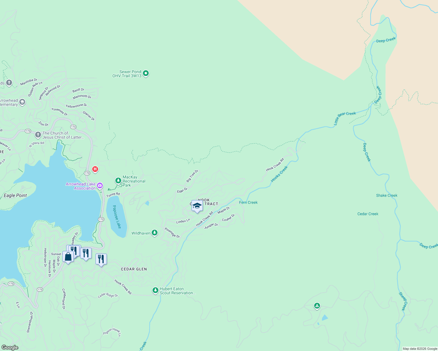 map of restaurants, bars, coffee shops, grocery stores, and more near 29935 Hickory Drive in Lake Arrowhead