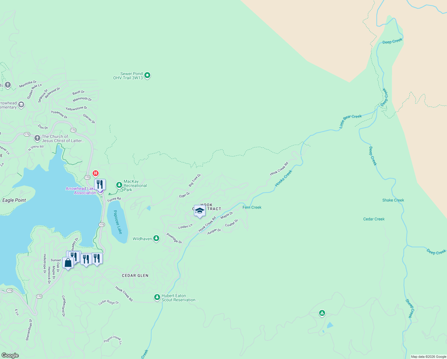 map of restaurants, bars, coffee shops, grocery stores, and more near 29935 Hickory Drive in Lake Arrowhead