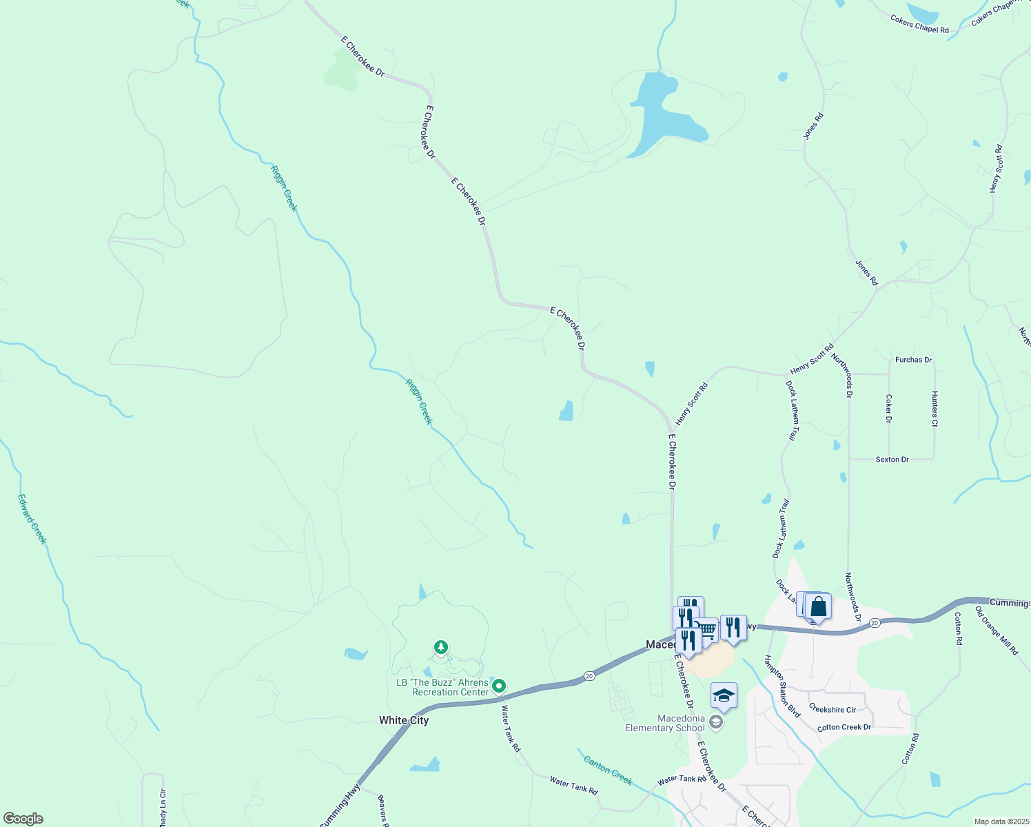 map of restaurants, bars, coffee shops, grocery stores, and more near 307 Old Lantern Way in Ball Ground