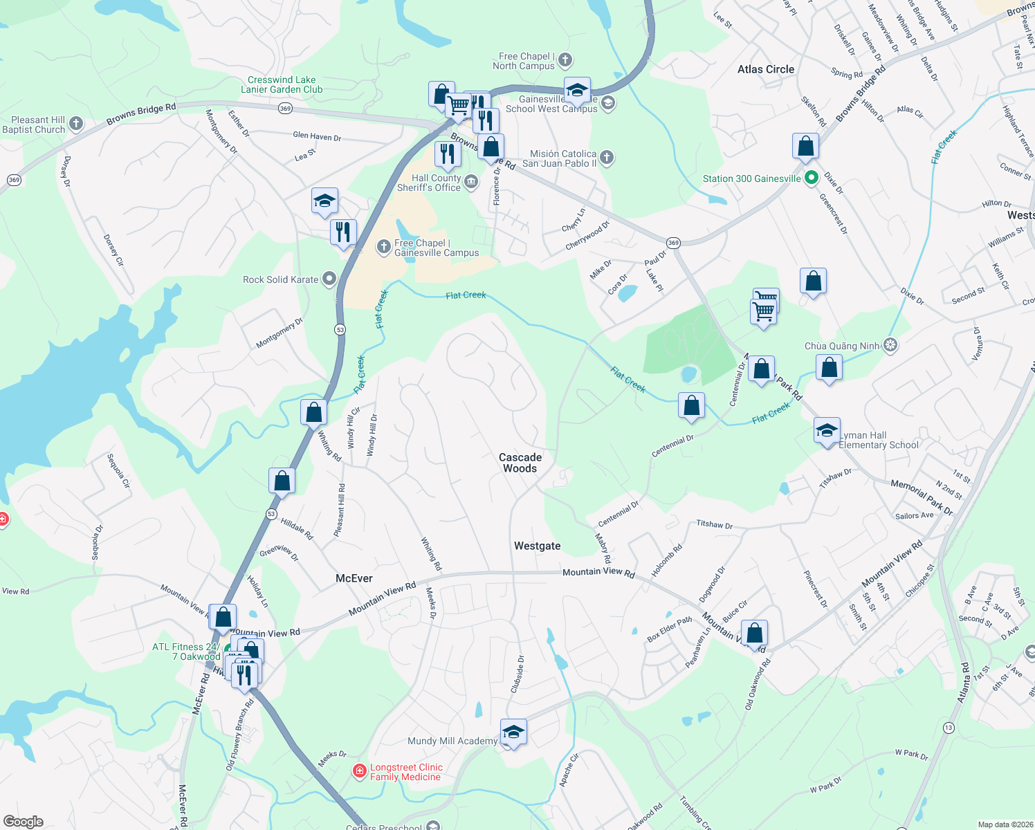 map of restaurants, bars, coffee shops, grocery stores, and more near 2844 Southwest Willow Ridge Drive in Gainesville