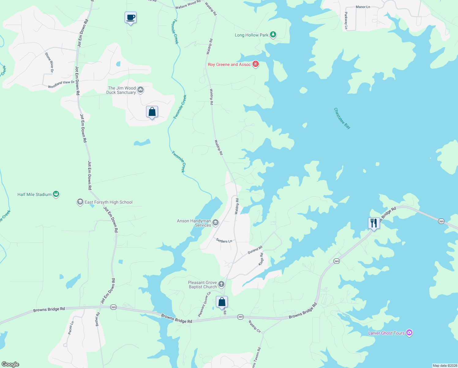 map of restaurants, bars, coffee shops, grocery stores, and more near 9250 Waldrip Road in Gainesville