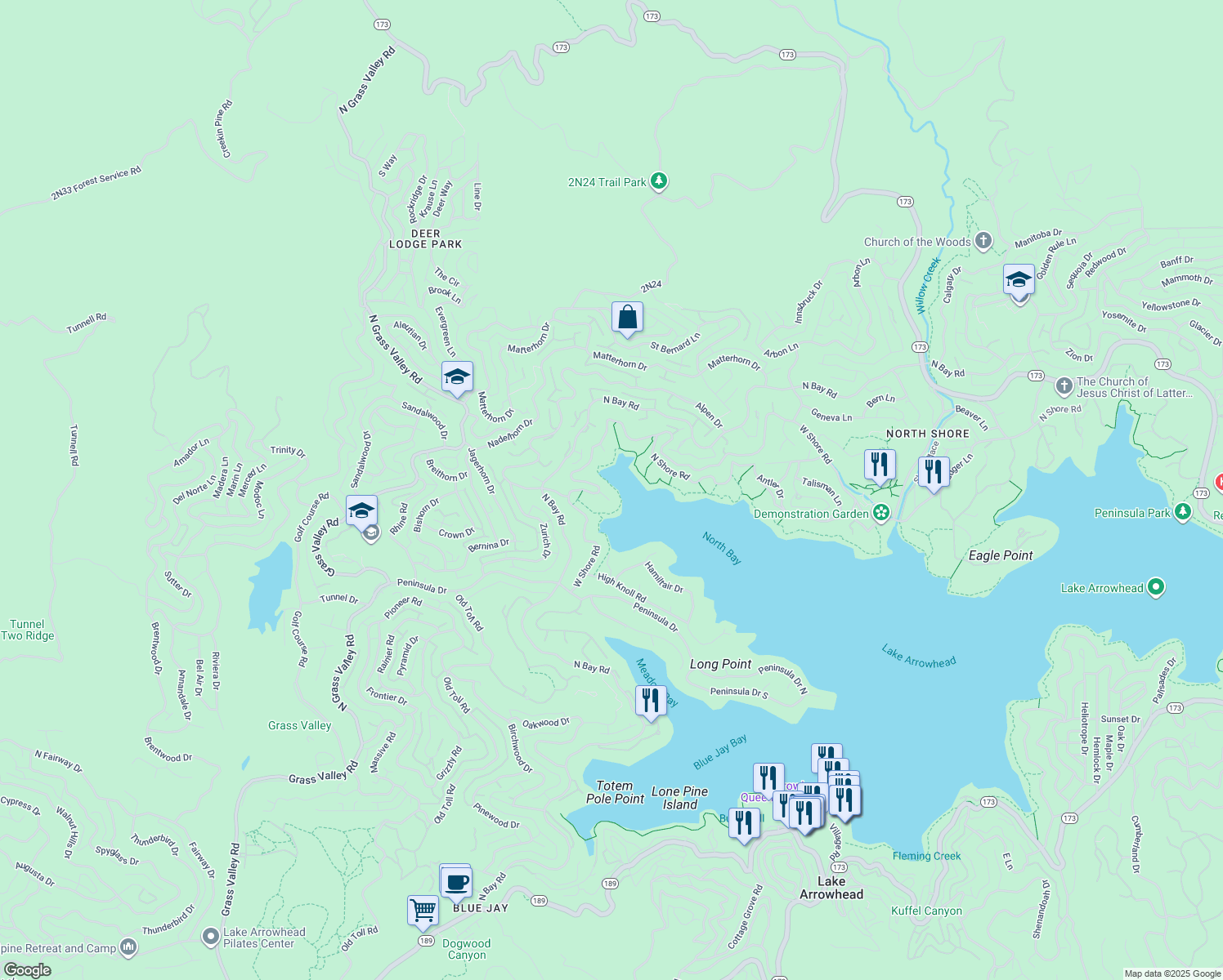 map of restaurants, bars, coffee shops, grocery stores, and more near 27563 West Shore Road in Lake Arrowhead