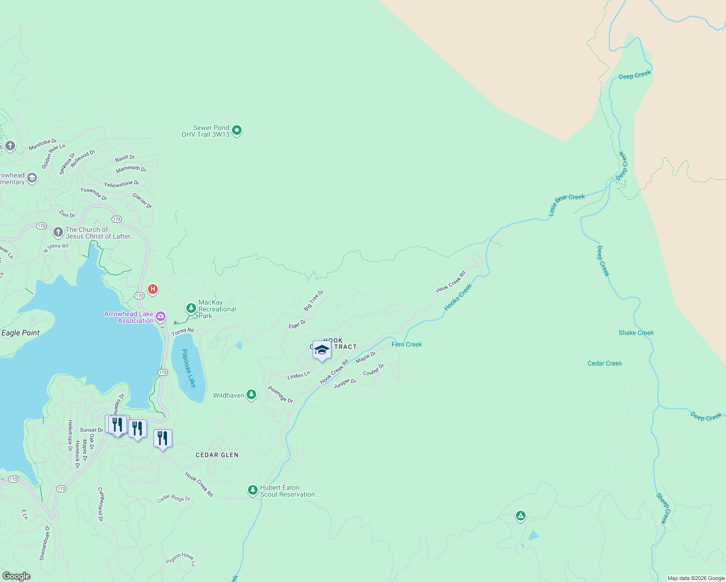 map of restaurants, bars, coffee shops, grocery stores, and more near 29924 Lignum Vitae Drive in Lake Arrowhead