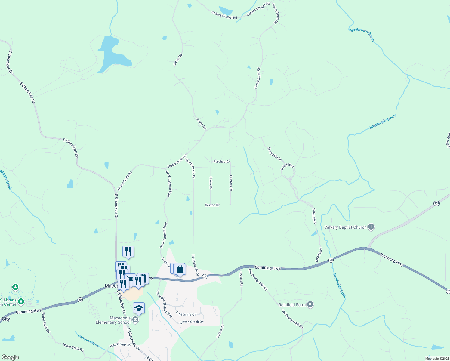map of restaurants, bars, coffee shops, grocery stores, and more near 419 Hunters Court in Ball Ground