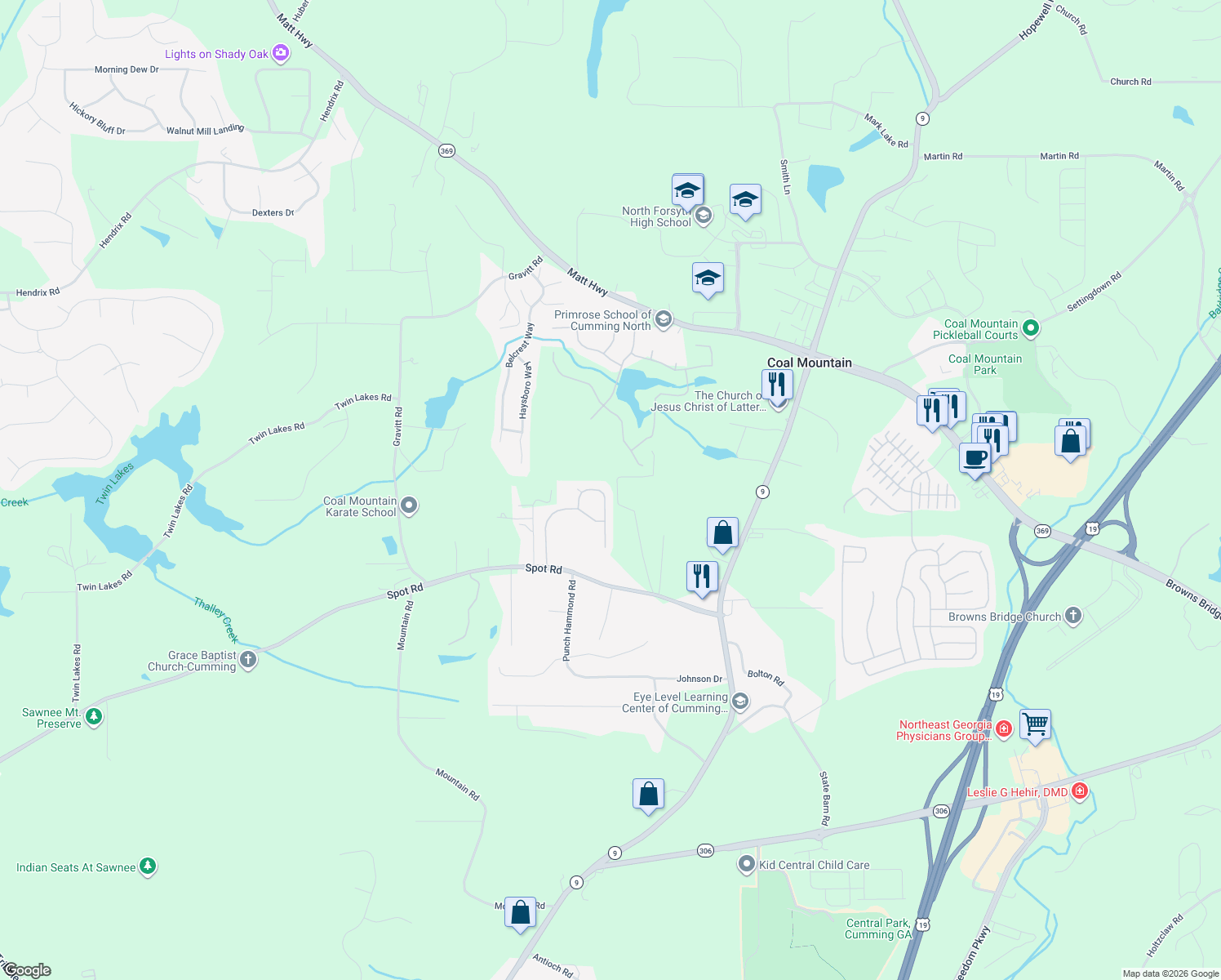 map of restaurants, bars, coffee shops, grocery stores, and more near 3335 Buffington Lane in Cumming