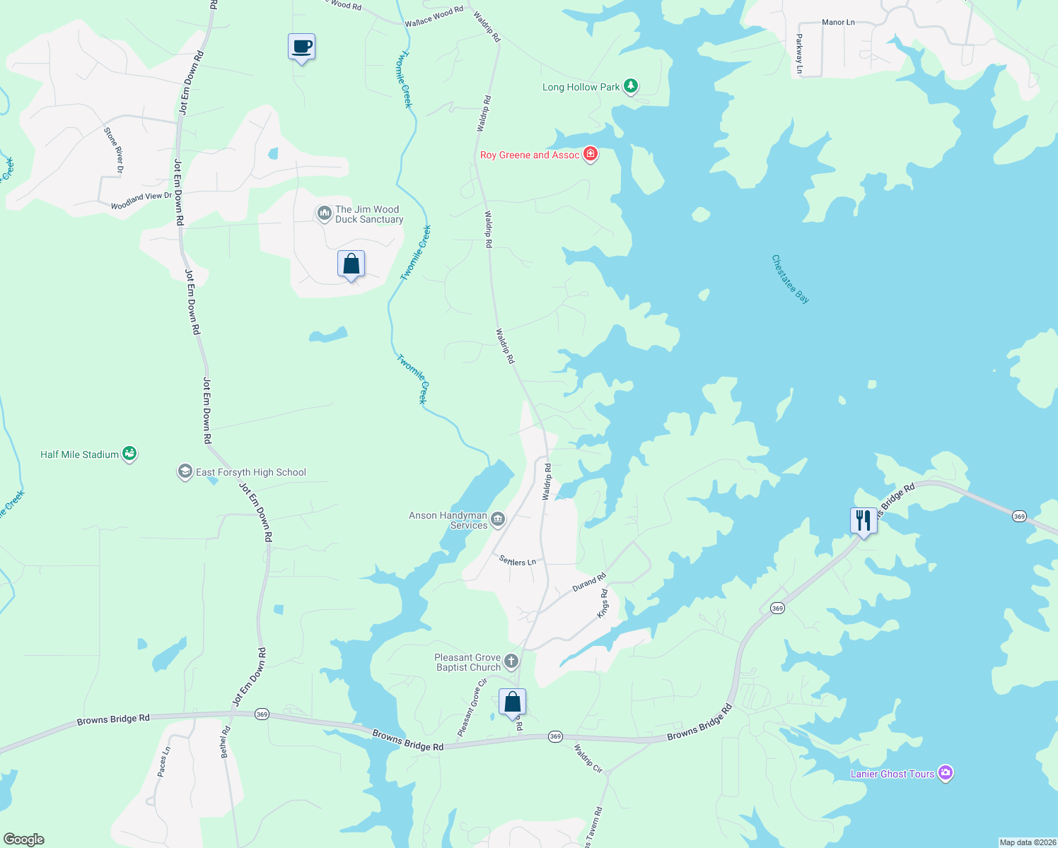 map of restaurants, bars, coffee shops, grocery stores, and more near 9250 Waldrip Road in Gainesville