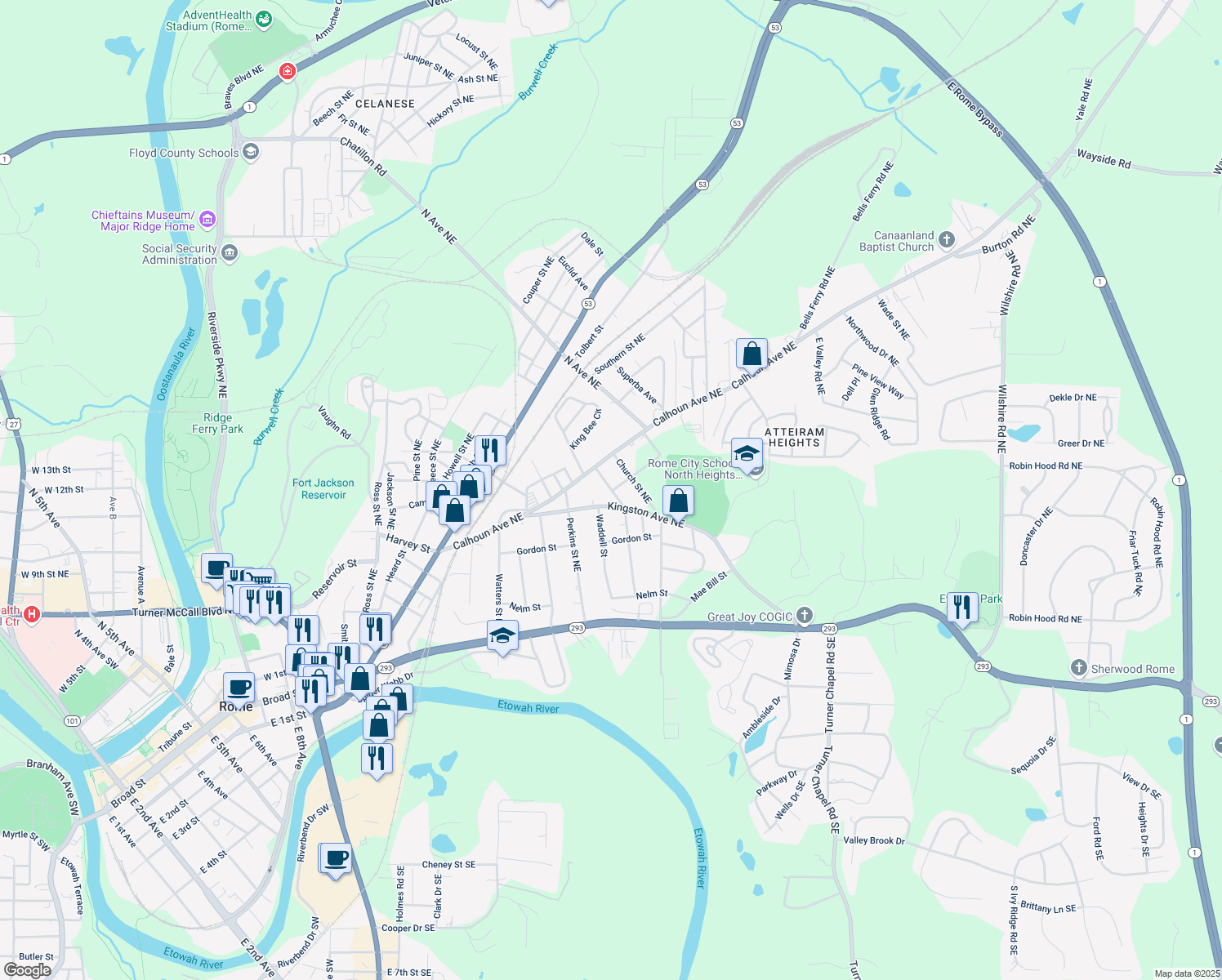 map of restaurants, bars, coffee shops, grocery stores, and more near 413 Stonewall St in Rome