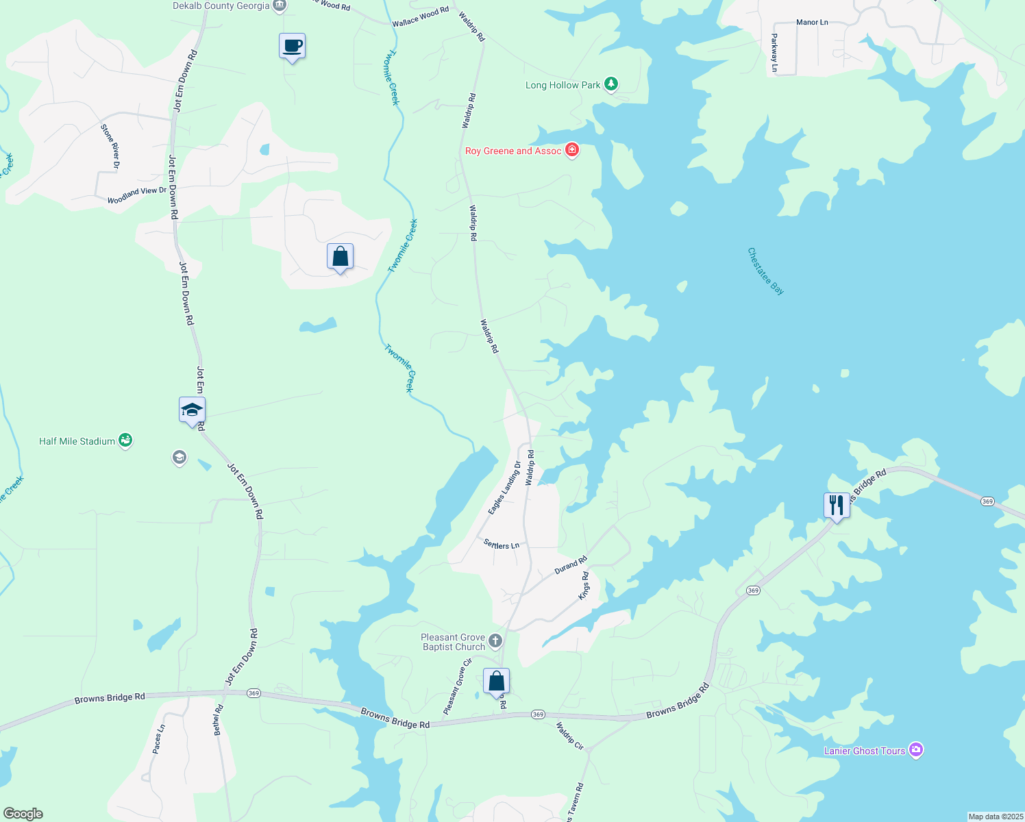 map of restaurants, bars, coffee shops, grocery stores, and more near 9220 Waldrip Road in Gainesville