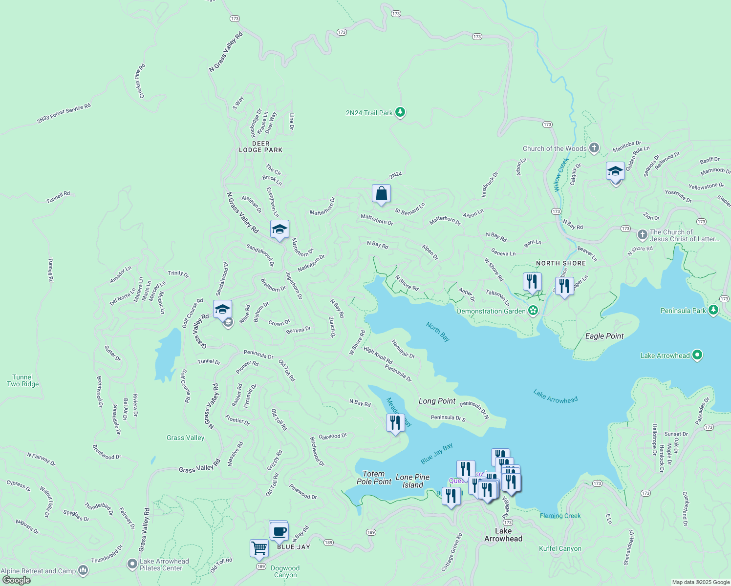 map of restaurants, bars, coffee shops, grocery stores, and more near 27563 West Shore Road in Lake Arrowhead
