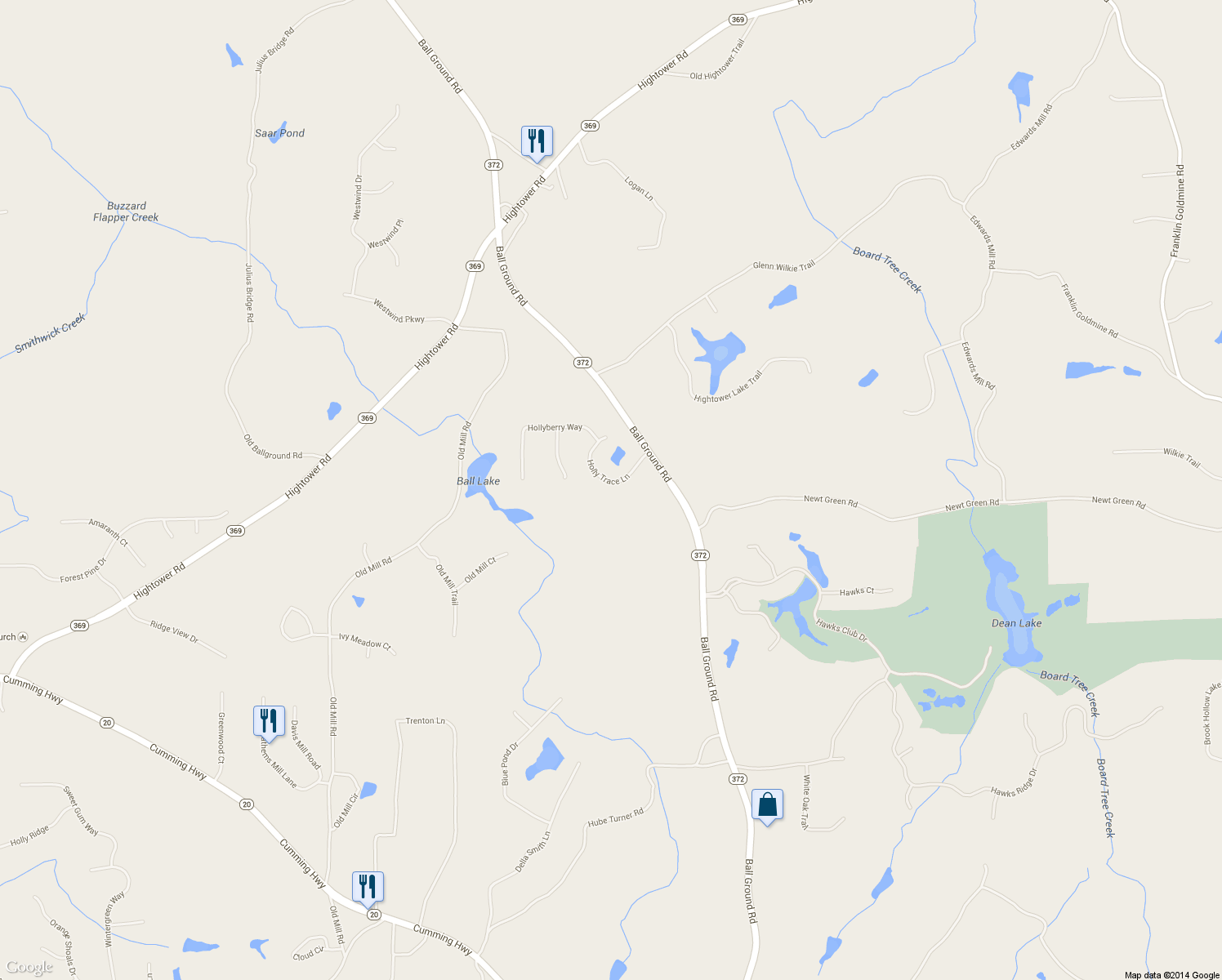 map of restaurants, bars, coffee shops, grocery stores, and more near 111 Holly Trace Lane in Ball Ground