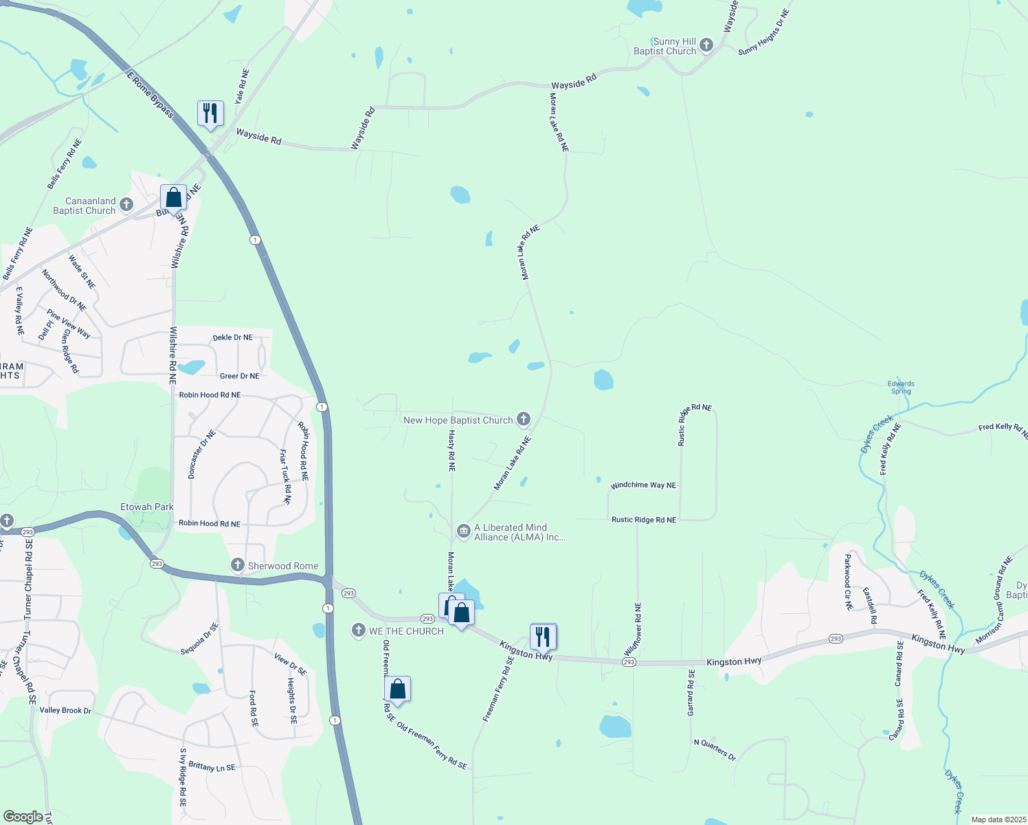 map of restaurants, bars, coffee shops, grocery stores, and more near 355 Hasty Road Northeast in Rome