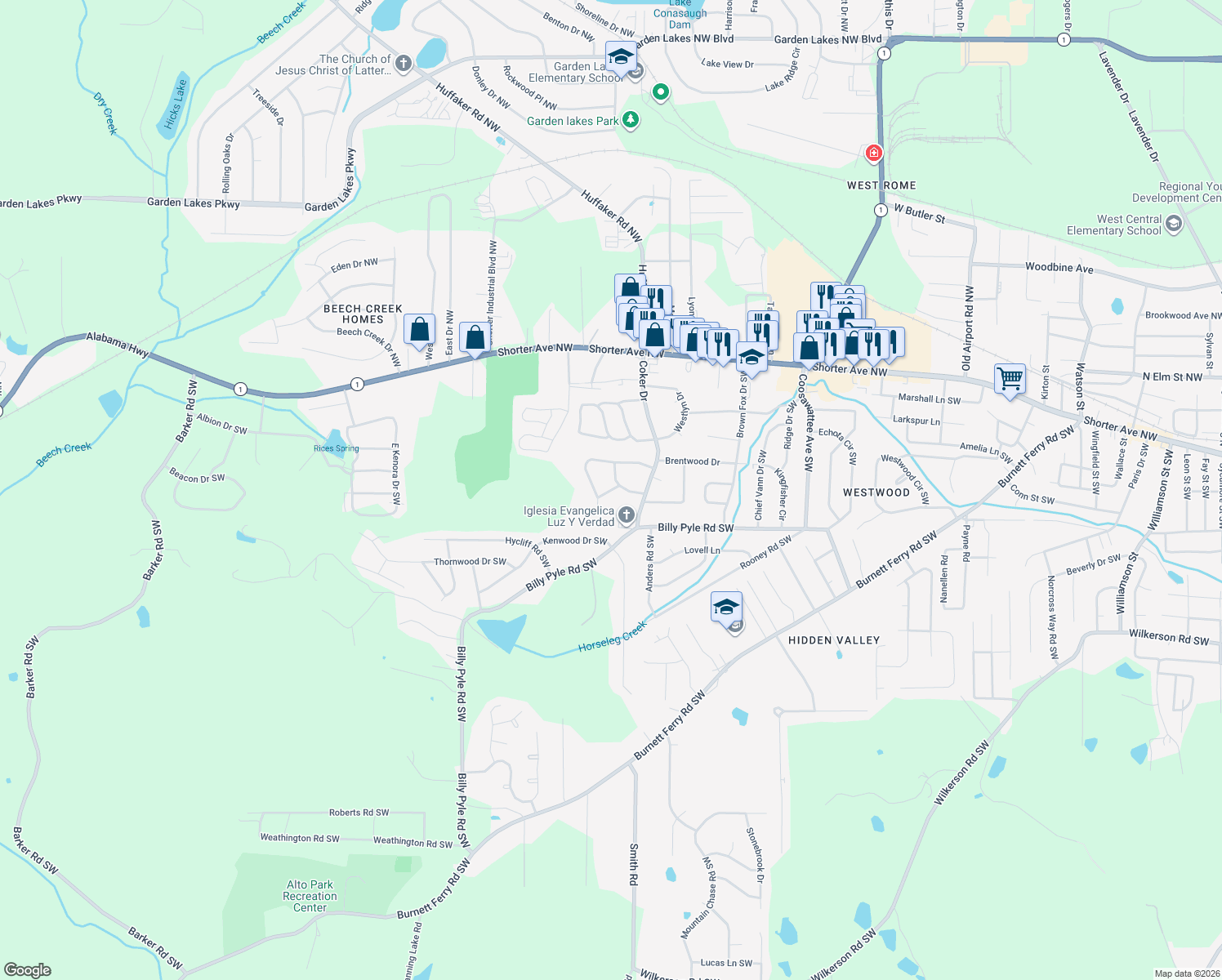 map of restaurants, bars, coffee shops, grocery stores, and more near 15 Ladonna Pl SW in Rome