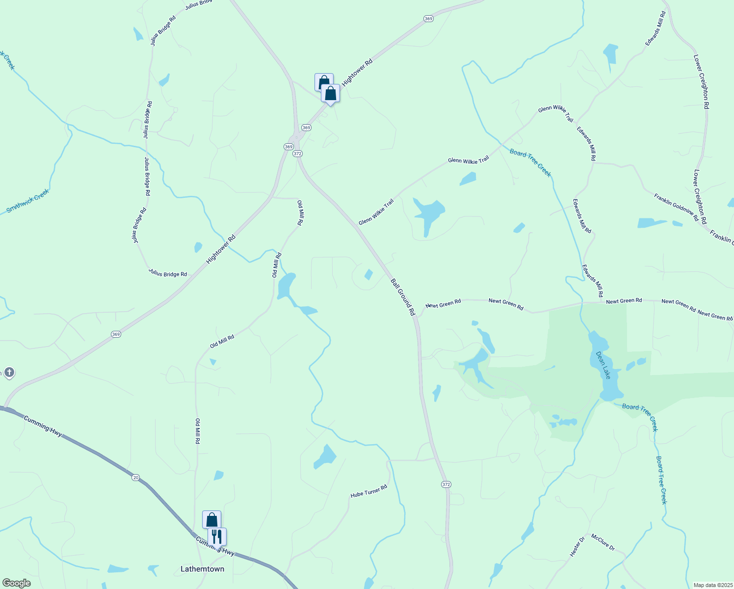 map of restaurants, bars, coffee shops, grocery stores, and more near 111 Holly Trace Lane in Ball Ground