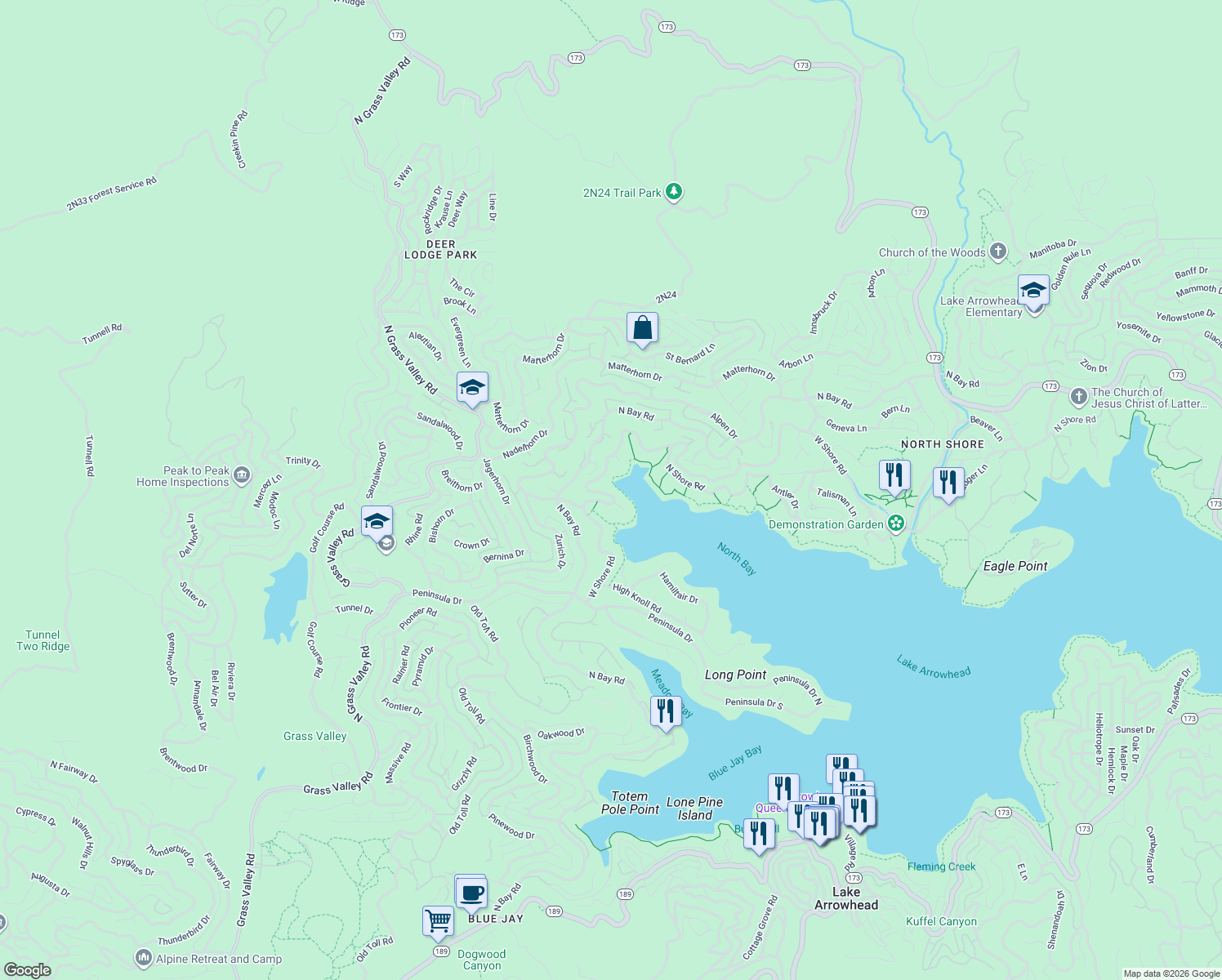 map of restaurants, bars, coffee shops, grocery stores, and more near 27567 West Shore Road in Lake Arrowhead
