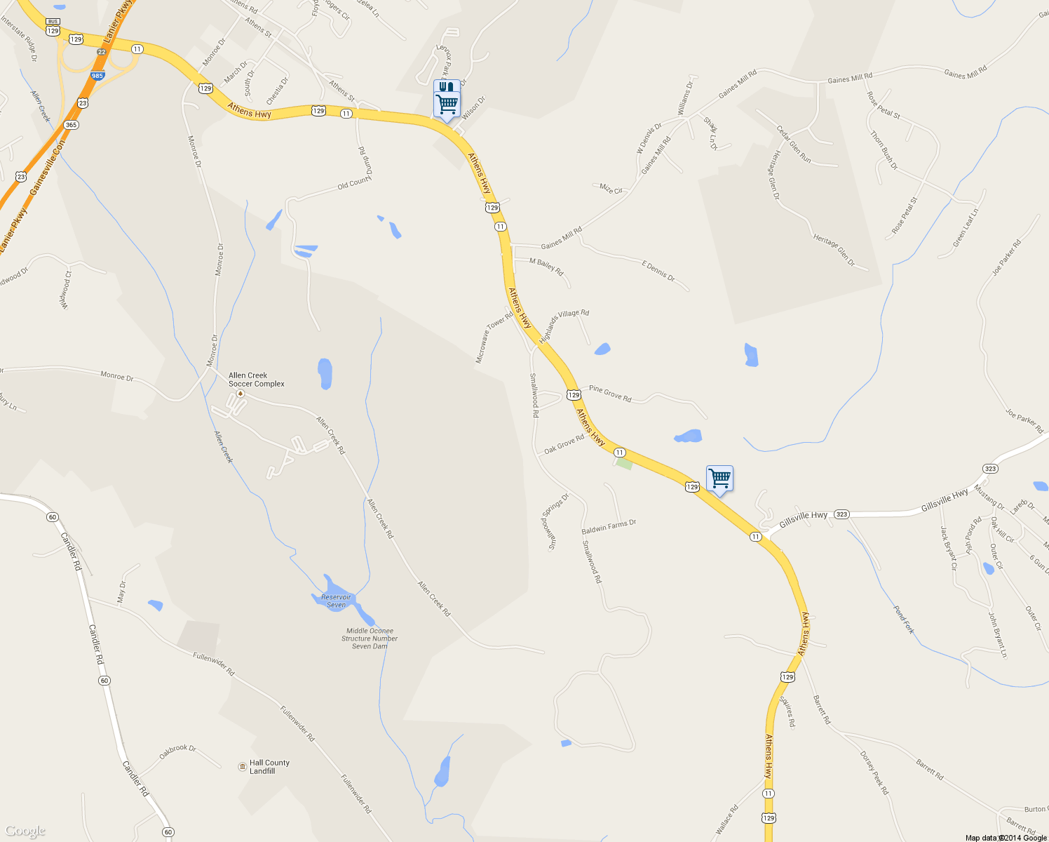 map of restaurants, bars, coffee shops, grocery stores, and more near 2250 Smallwood Rd in Gainesville