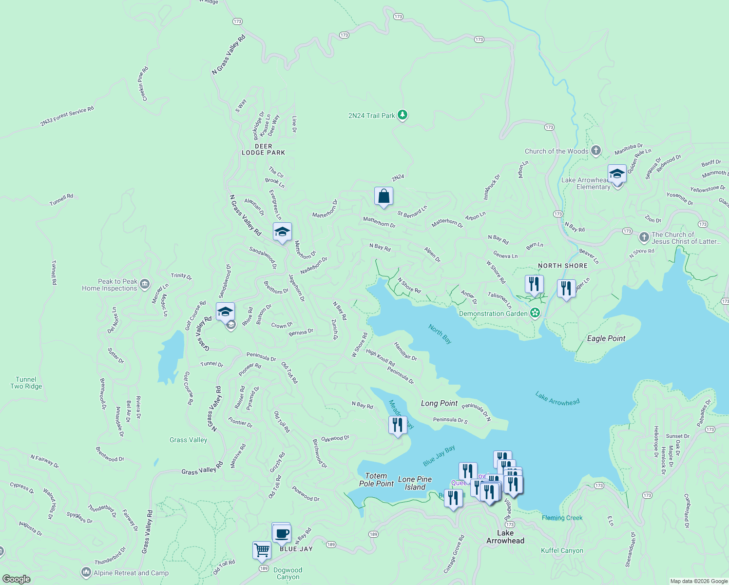 map of restaurants, bars, coffee shops, grocery stores, and more near 27567 West Shore Road in Lake Arrowhead