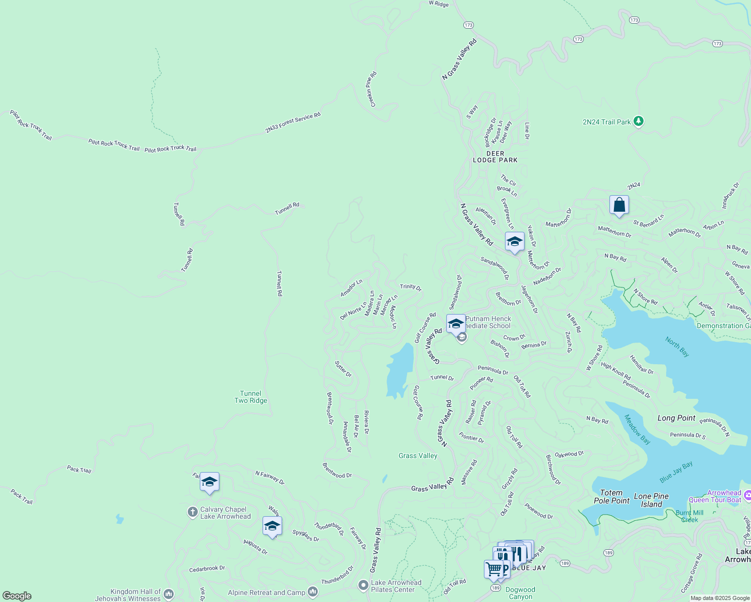map of restaurants, bars, coffee shops, grocery stores, and more near 905 Madera Lane in Lake Arrowhead