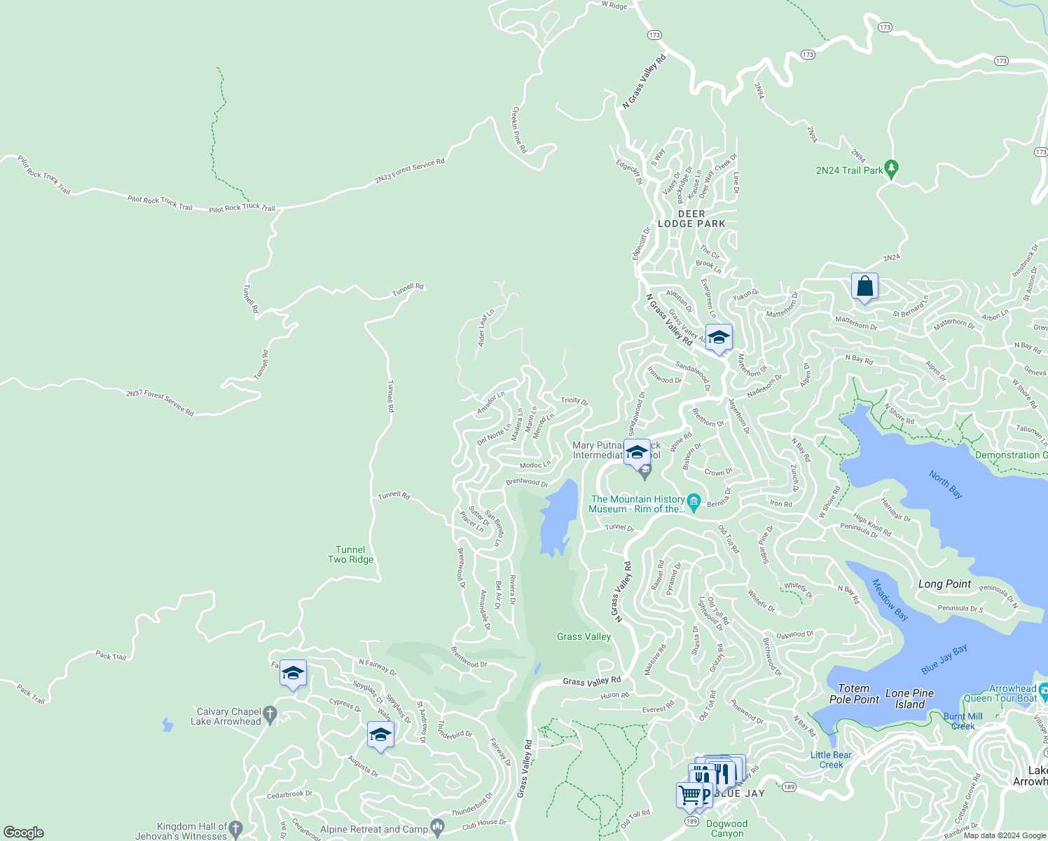 map of restaurants, bars, coffee shops, grocery stores, and more near 905 Madera Lane in Lake Arrowhead