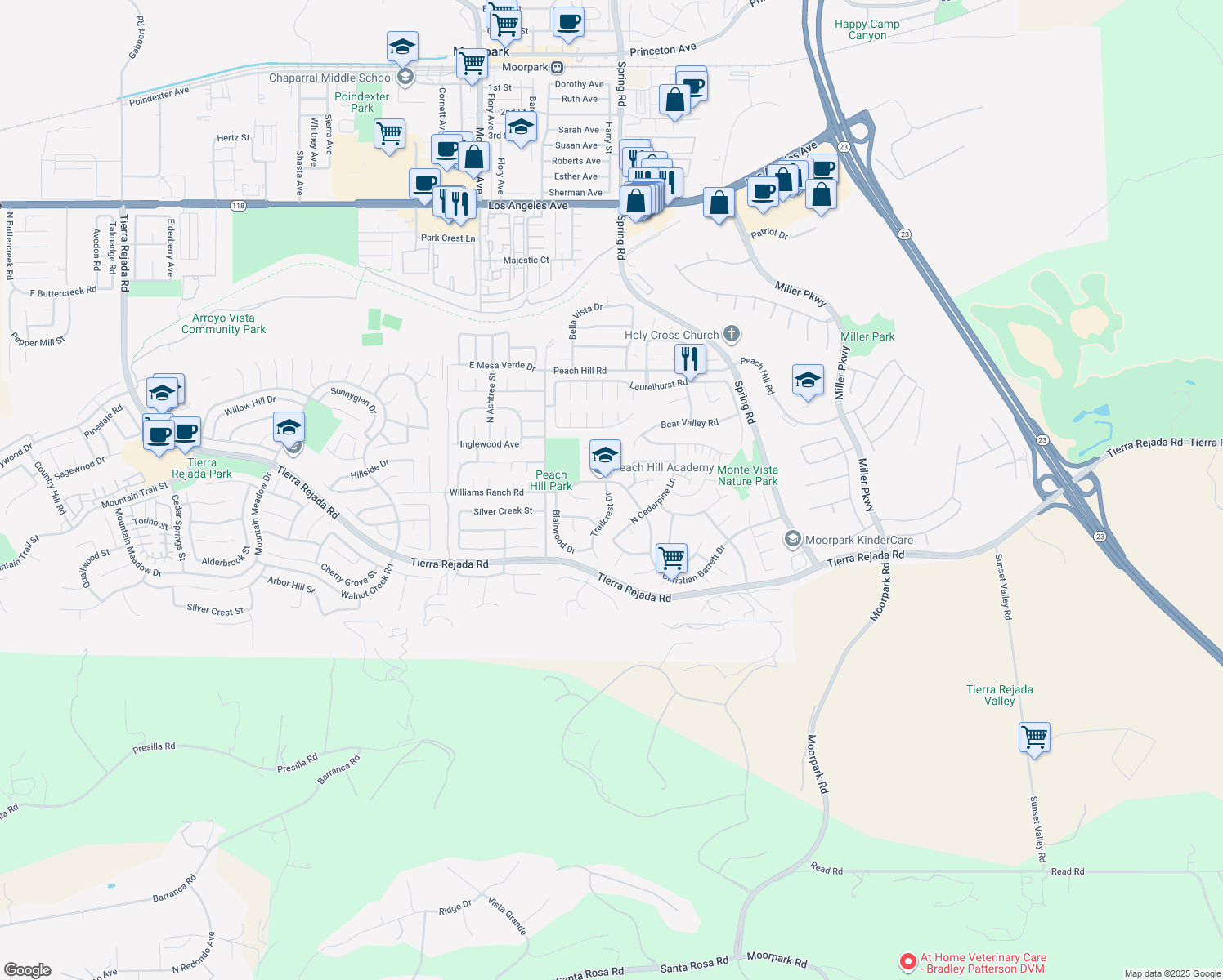 map of restaurants, bars, coffee shops, grocery stores, and more near 4188 Trailcrest Drive in Moorpark