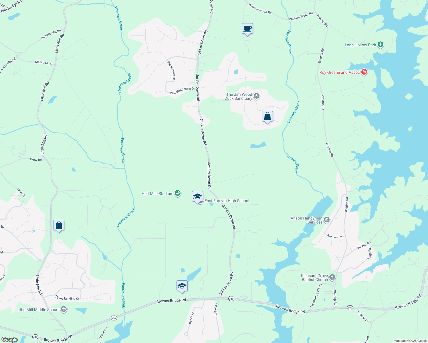 map of restaurants, bars, coffee shops, grocery stores, and more near 8785 Jot Em Down Road in Gainesville