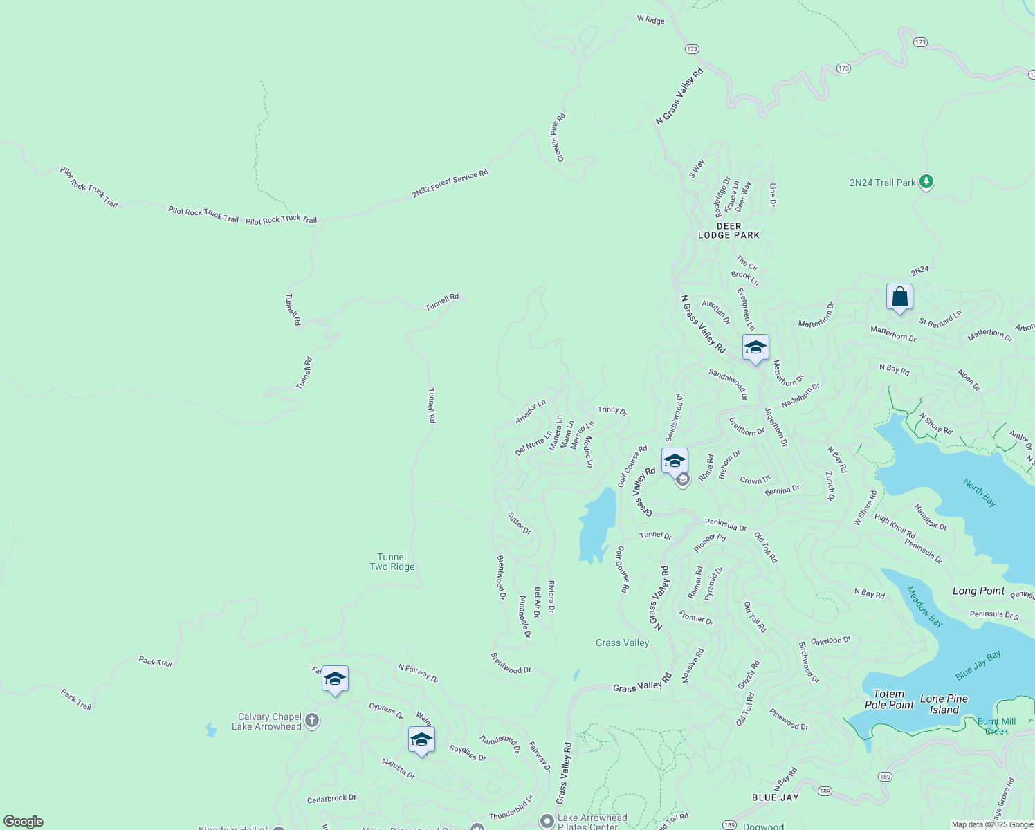 map of restaurants, bars, coffee shops, grocery stores, and more near 1010 Black Oaks Drive in Lake Arrowhead