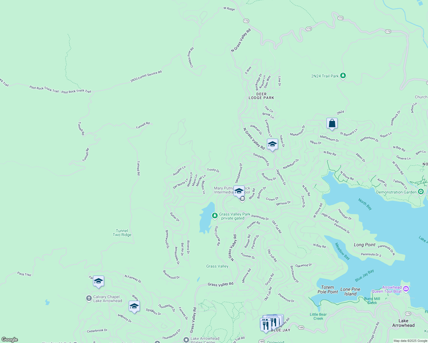 map of restaurants, bars, coffee shops, grocery stores, and more near in Lake Arrowhead