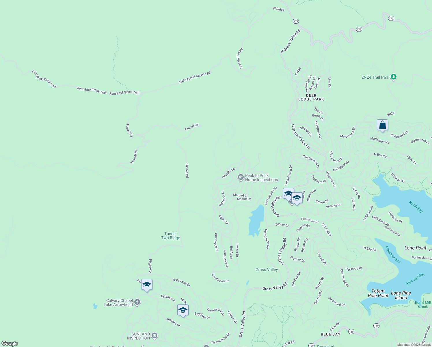 map of restaurants, bars, coffee shops, grocery stores, and more near 26540 Black Oaks Drive in Lake Arrowhead
